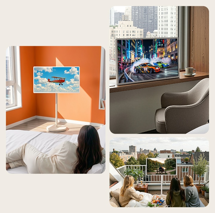 Der LG StanbyME 2 Max LX6 Movable Screen mit Roll-and-Carry-Design wird in einer Collage über Innen- und Außenbereiche hinweg gezeigt und zeigt flexible Platzierungen und vielseitige Betrachtungsmöglichkeiten für immersive Unterhaltung überall.