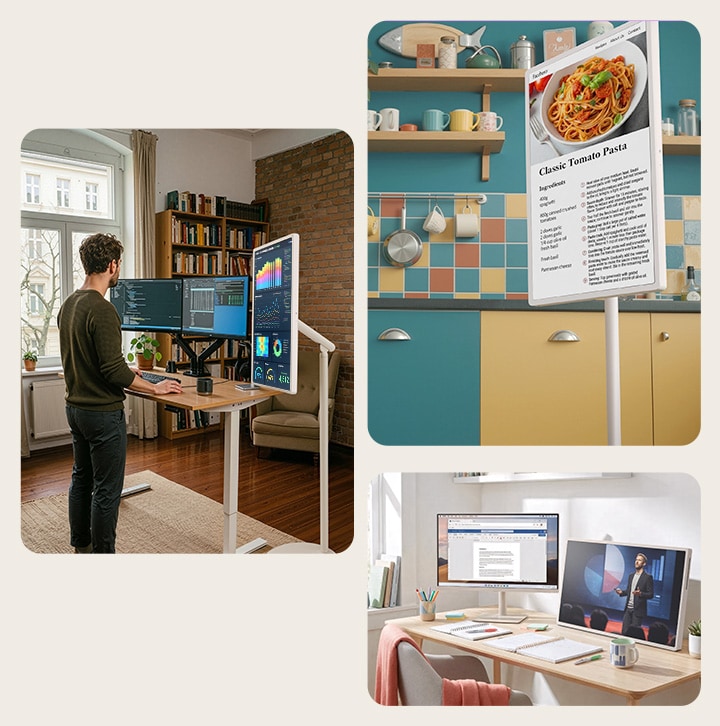LG StanbyME 2 Max LX6 Beweglicher Bildschirm mit Roll & Carry-Design wird in drei Szenarien gezeigt: ein vertikales Dual-Monitor-Setup, ein Küchenrezeptführer und ein Videodisplay, das den flexiblen Einsatz von der Arbeit in die Küche zeigt.
