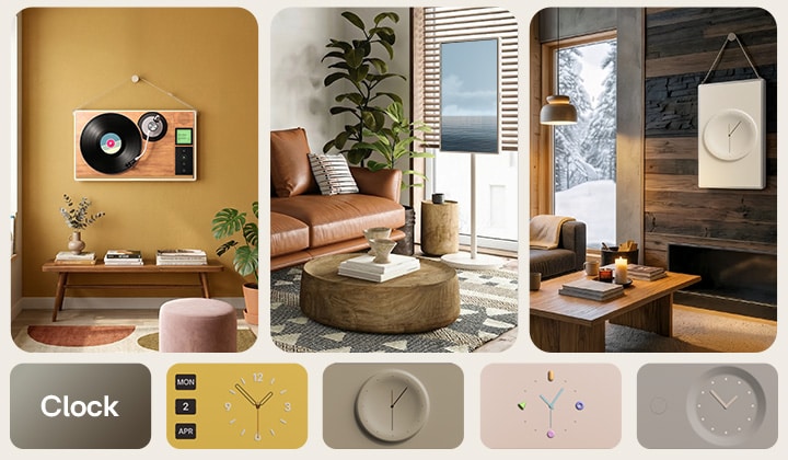 LG StanbyME 2 Max LX6 Beweglicher Bildschirm als Stimmungsmacher präsentiert vielfältige Inhalte, darunter einen Vintage-Plattenspieler, Meerblick und Uhrenzifferblätter, die sich in ein Fenster, ein Poster, entspannende Visuals, Musikwiedergabe oder eine Uhr verwandeln.