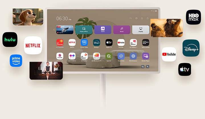 LG StanbyME 2 Max LX6 Beweglicher Bildschirm mit verschiedenen OTT-Diensten zeigt Streaming-App-Oberflächen wie Netflix und YouTube auf und um den Bildschirm herum an, die den Zugang zu vielfältigen Inhalten wie Dramen, Filmen und Musik darstellen.