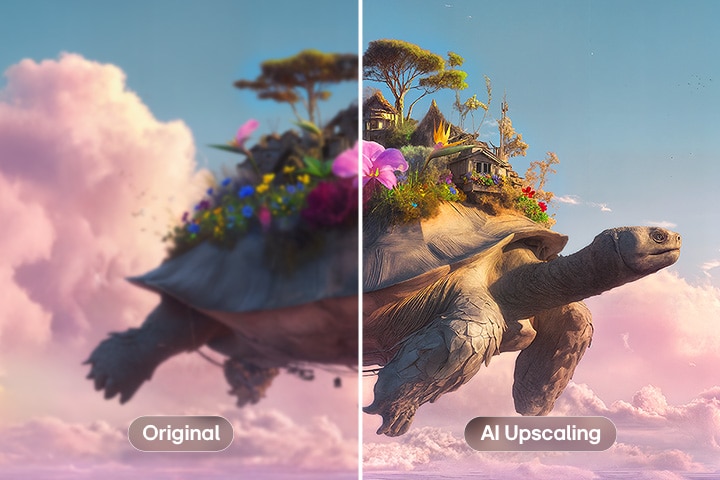 LG StanbyME 2 Max LX6 Beweglicher Bildschirm mit KI Super Upscaling zeigt ein geteiltes Bild einer fliegenden Schildkröte mit Objekten auf ihrem Panzer, wobei eine Seite unscharf und die andere klar ist, was verbesserte Klarheit und verfeinerte 4K-Detailgenauigkeit zeigt.