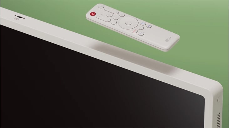 LG StanbyME 2 Max LX6 Beweglicher Bildschirm mit einfacher magnetischer Fernbedienung zeigt eine Nahaufnahme des Produktrands, bei dem die Fernbedienung am Rahmen befestigt ist, was die magnetische Befestigung für bequeme Aufbewahrung zeigt. LG StanbyME 2 Max LX6 Beweglicher Bildschirm mit einfacher magnetischer Fernbedienung zeigt eine Nahaufnahme des Produktrands, bei dem die Fernbedienung am Rahmen befestigt ist, was die magnetische Befestigung für bequeme Aufbewahrung zeigt.