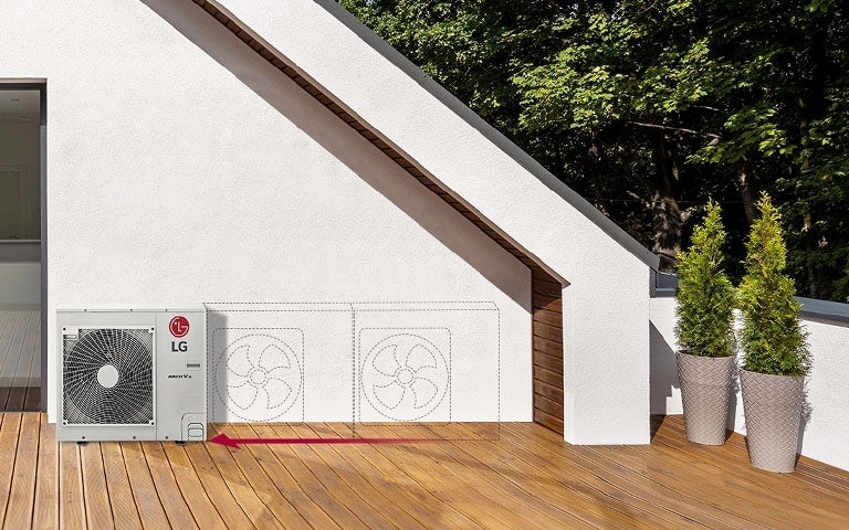 On the wooden-floored terrace with two corner plants, a high-resolution air conditioner(AC) outdoor unit is displayed, supplemented by two outlined units.