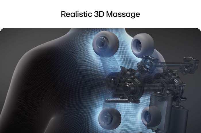 Dark background showing transparent 3D massage rollers and mechanical nodes around a wireframe human back.
