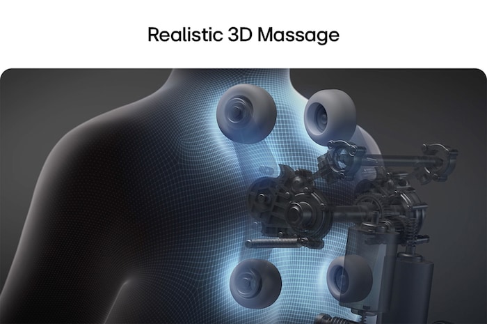 Dark background showing transparent 3D massage rollers and mechanical nodes around a wireframe human back.