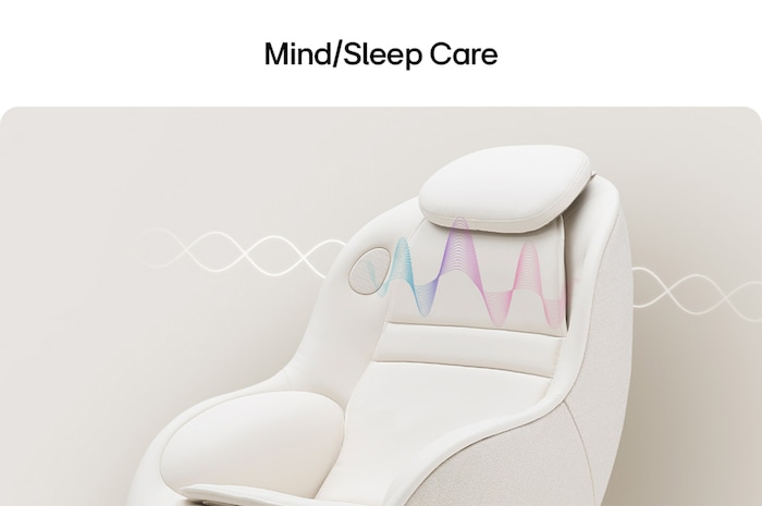 White massage chair with pastel brainwave waveform graphics above the headrest on a pale background.