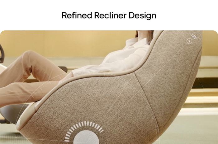 Close‑up side view of brown recliner’s refined upholstery and seamless ergonomic frame in a bright room.