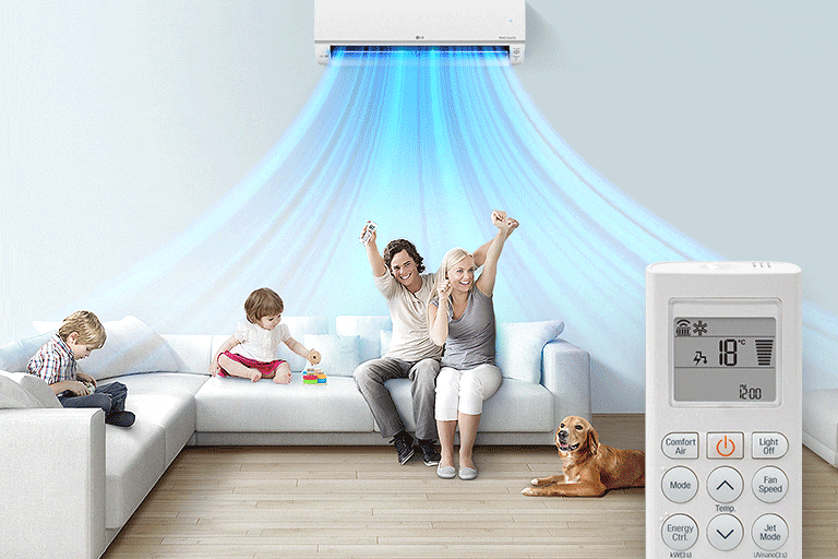 A family is a room with the LG AC on. In the foreground is a remote control showing the buttons and temperature.