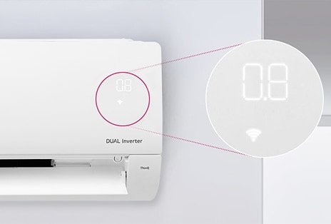 LG AC is shown with the front door open. Air quality lights are turned on with a circle extended out displaying the quality.