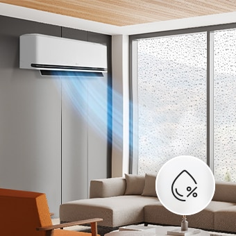 LG air conditioner control humidity against a rainy window background.