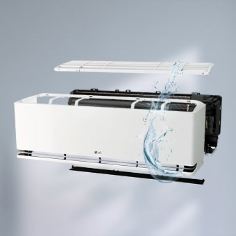 LG air conditioner with detached filter and vane, featuring a water splash to illustrate easy cleaning.