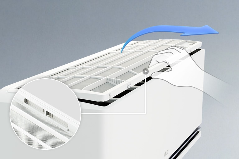 The top filter detaches upwards, with an inset showing the push-button release hook.