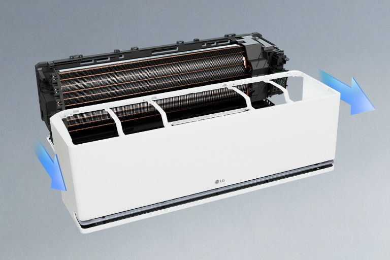 The front case pulls forward to open fully, exposing internal parts for cleaning.