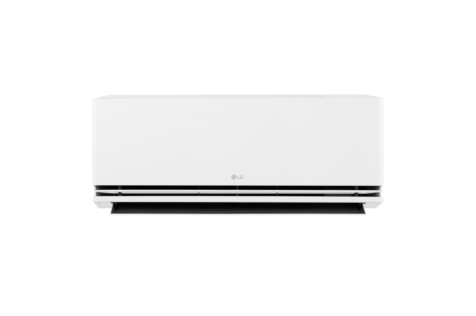 Front view of an LG air conditioner with the lower vane patially open