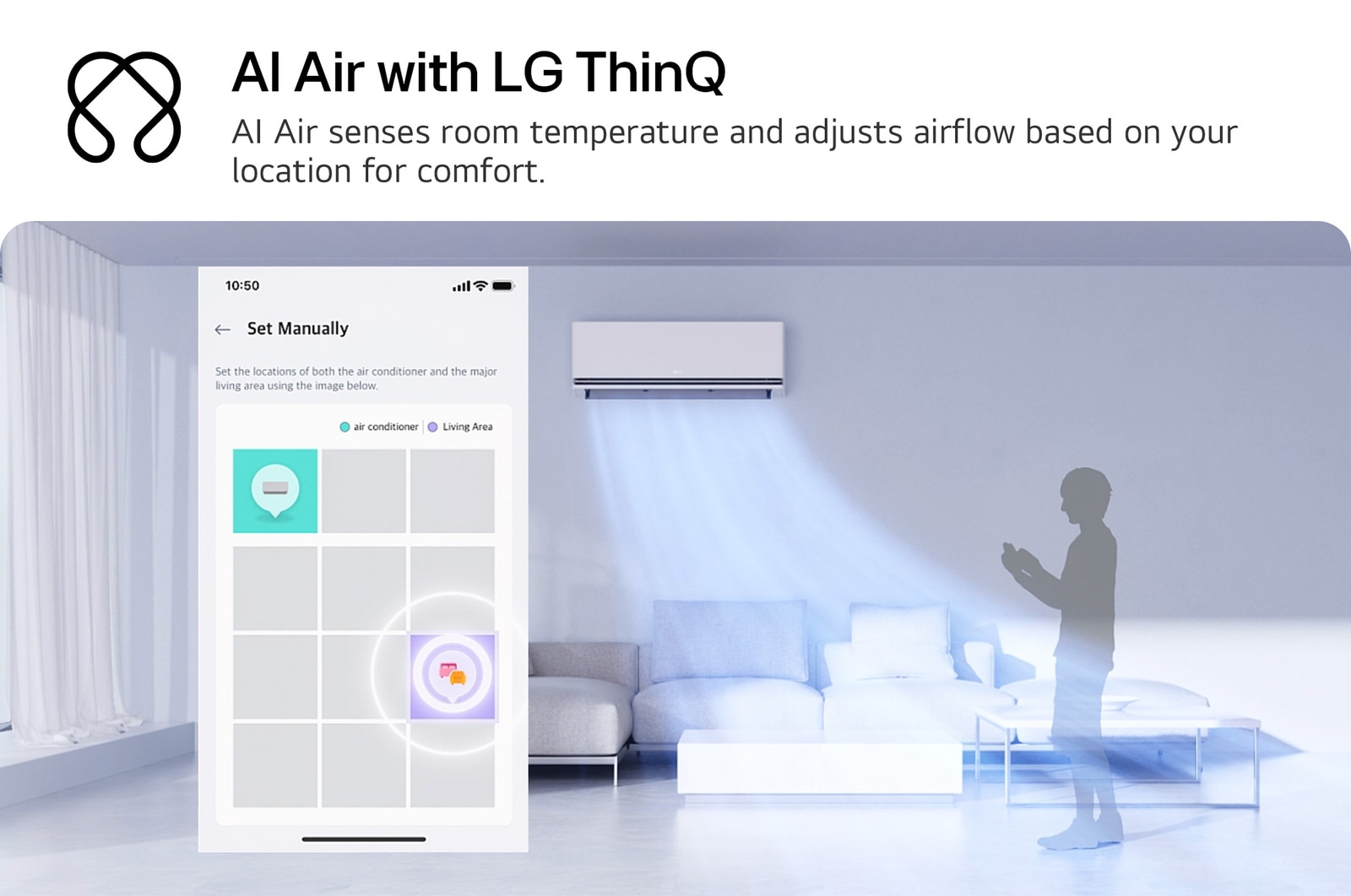 Illustration of LG AI Air technology in a living room with a wall-mounted air conditioner. The system adjusts airflow based on your location for comfort