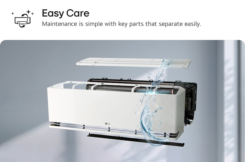 Image showcasing LG air conditioner's Easy Care feature. The visual highlights how internal components can be easily disassembled, ensuring effortless maintenance.