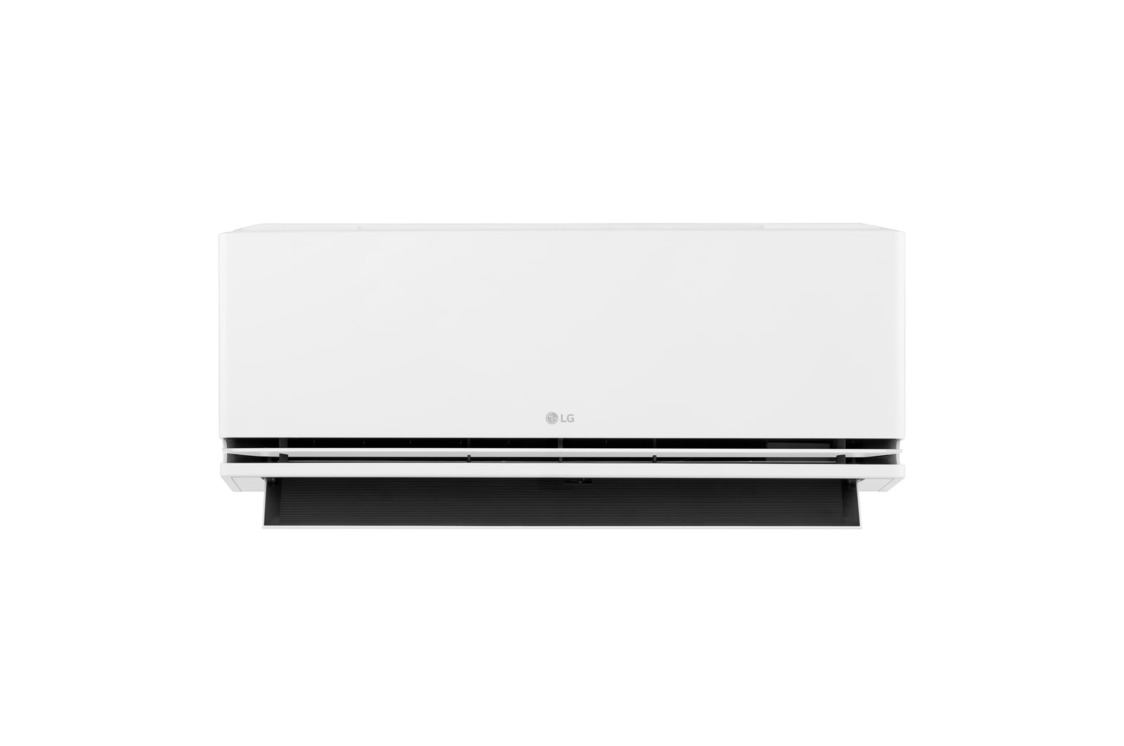 Front view of an LG air conditioner with the lower vane fully open
