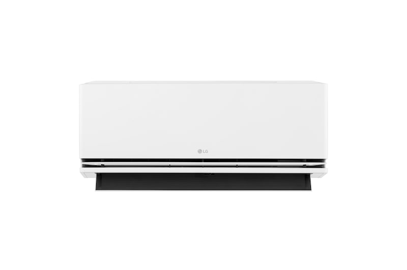Front view of an LG air conditioner with the lower vane fully open