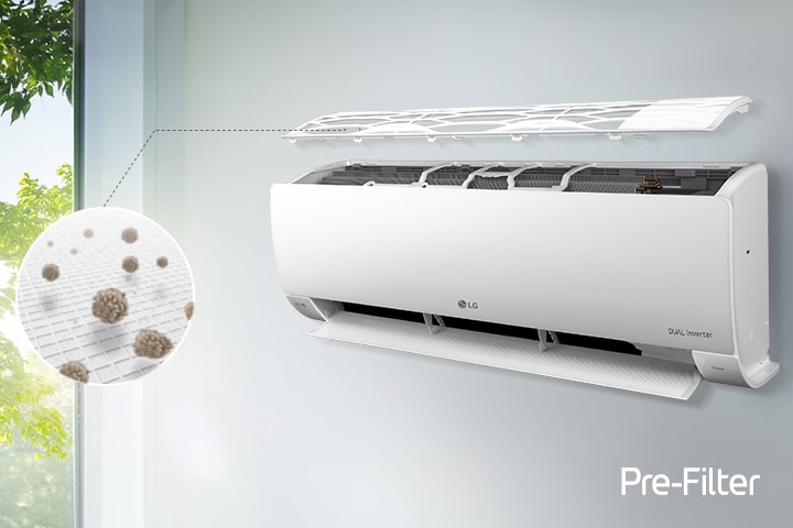 The LG AC is shown at a side angle. A line from the pre-filter leads out to a circle to show dust caught.