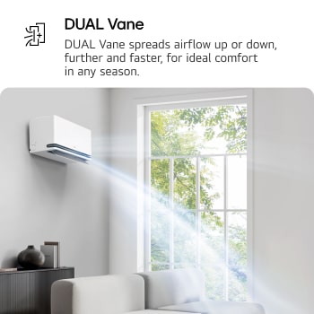 LG Dual Vane air conditioner shown in a living room. Cool air flows upward on the left. The accompanying text reads: 'DUAL Vane spreads airflow up or down, further and faster, for ideal comfort in any season.'