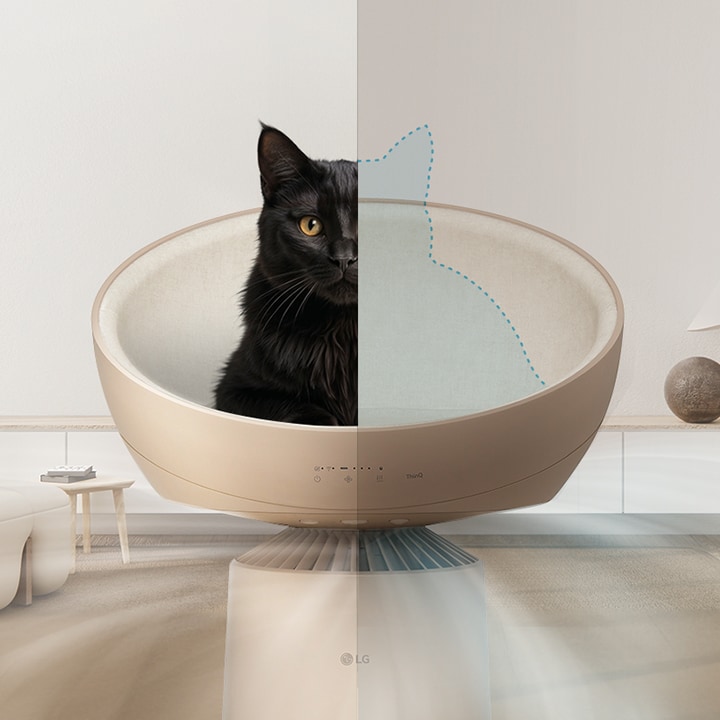 Split-screen image showing weak airflow with a cat on the seat and strong airflow without it