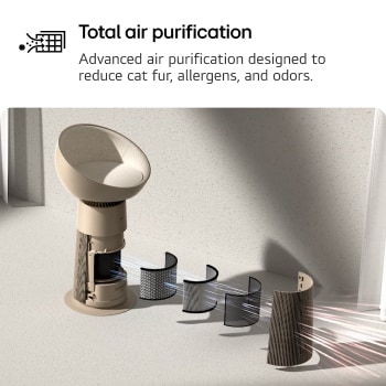 A cat sitting on a pet air purifier with a heated dome seat. The purifier is placed next to a bed, and a step accessory is positioned in front of it for easy access. Text read : 'Heated dome seat' : A relaxing and cozy space with 2 heat settings, designed for your cat's comfort.