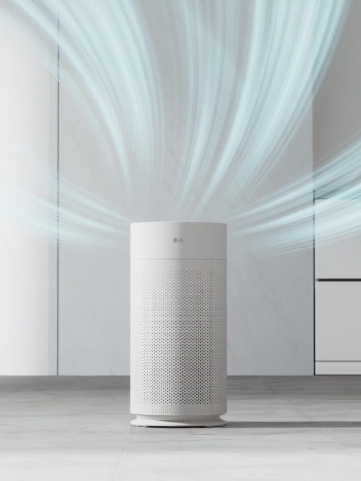 LG air purifier with 360 H Filter, capturing dust and releasing clean air in all directions