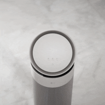 LG air purifier with Aero V Filter, capturing dust and releasing clean air in all directions	