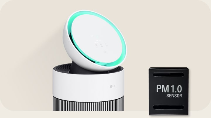 LG air purifier with PM 1.0 sensor and circular LED display, providing precise air quality monitoring and status indication
