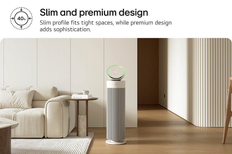 LG air purifier with a slim, modern design placed in a sophisticated living room with a beige sofa and bookshelf. Text reads: 'Slim and premium design: Slim profile fits tight spaces, while premium design adds sophistication,' emphasizing style and functionality.