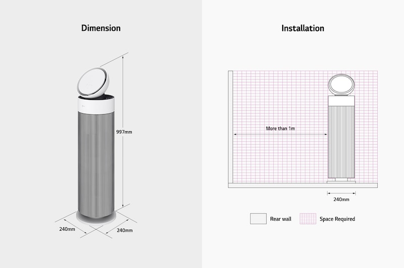 Diagram showing LG air purifier dimensions (997mm height, 240mm width) and installation guidelines requiring over 1m space from the rear wall.