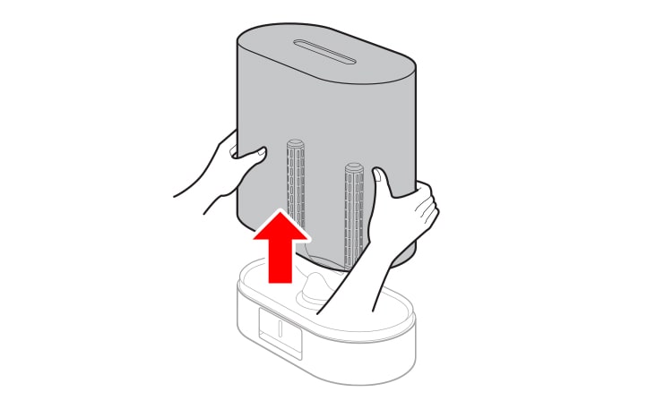 The lid of the drying case is being lifted upward by hand, with an arrow indicating the upward direction.