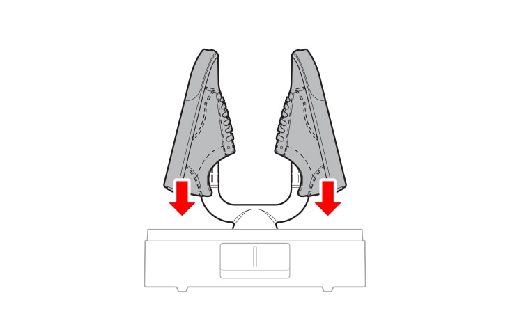 The shoes are placed onto the drying rod, with the arrow pointing downward.