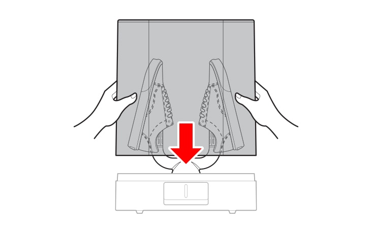 The lid of the drying case is being closed by hand, with the arrow pointing downward.