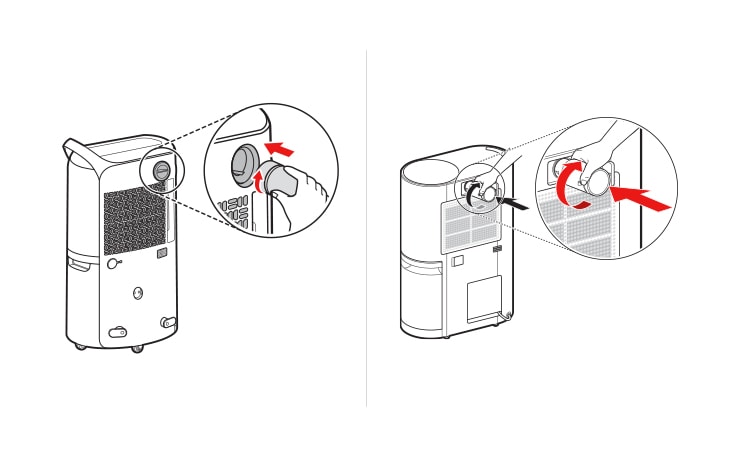 The hose is inserted into the dehumidifier and locked by turning clockwise, shown with red arrows.