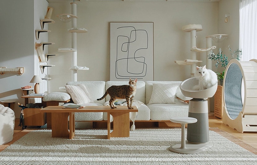 Cat resting on the LG AeroCatTower air purifier