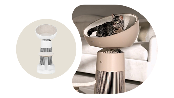 Cat relaxing beside the LG AeroCatTower air purifier
