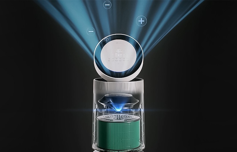 Illustration of the LG PuriCare™ 360˚ air purifier showing the internal filtration system and airflow.