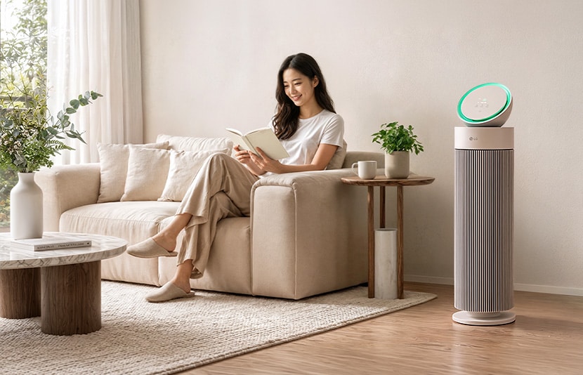 LG AeroBooster air purifier in a bright living room helping maintain comfortable indoor air quality.