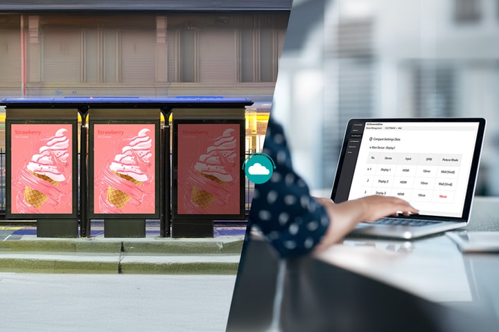 This image demonstrates how administrators can easily identify incorrect settings on a specific device's monitor when operating displays of the same type. Among three displays, the rightmost display has been set with a lower brightness compared to the others. LG ConnectedCare page highlights this difference in red, making it easy for administrators to identify the issue at a glance.