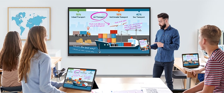 In the classroom equipped with an digital whiteboard, a presenter conducts a session, managing presentation materials on his tablet via wireless screen sharing.