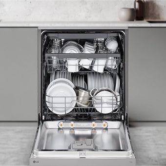 Displays the spacious design of the LG free-standing dishwasher, accommodating a variety of dishes