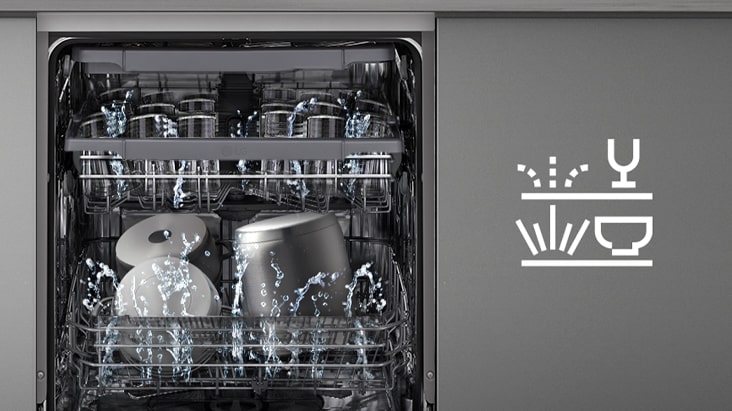 Interior of LG free-standing dishwasher with upper rack washing gently and lower rack washing powerfully.