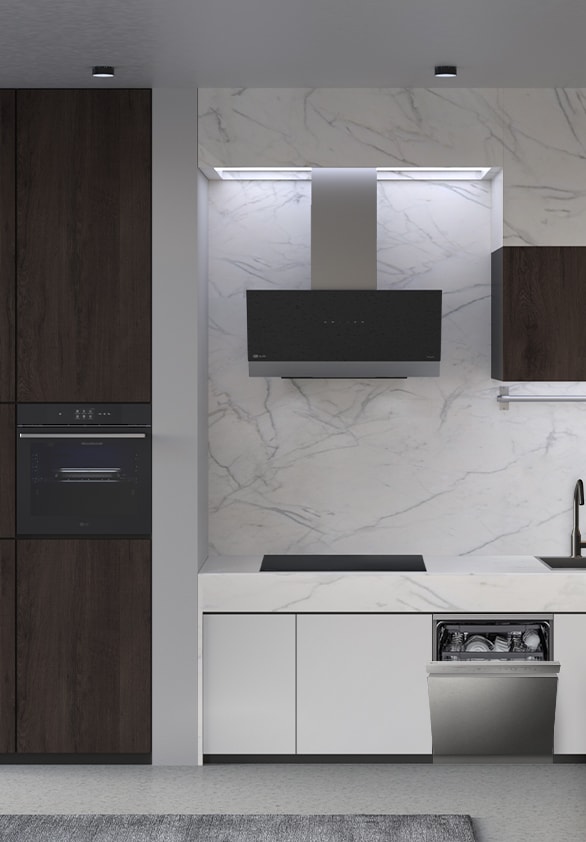 A kitchen with the LG free-standing dishwasher, oven, hood, and induction hob installed.