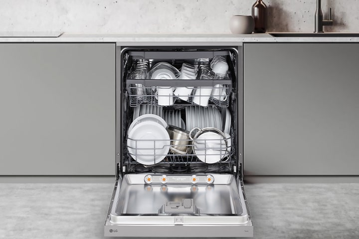 Showcasing how to adjust lg free-standing dishwasher racks to fit various types of dishes.