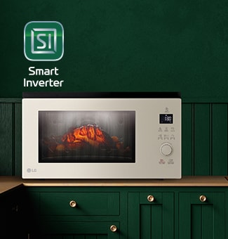 Food is being cooked in the microwave, and there is a smart inverter logo next to it.