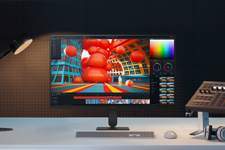 A clean studio workspace featuring the LG UltraFine 27U711B monitor displaying vibrant 3D motion graphics, flanked by a desk lamp and professional audio/video editing equipment.