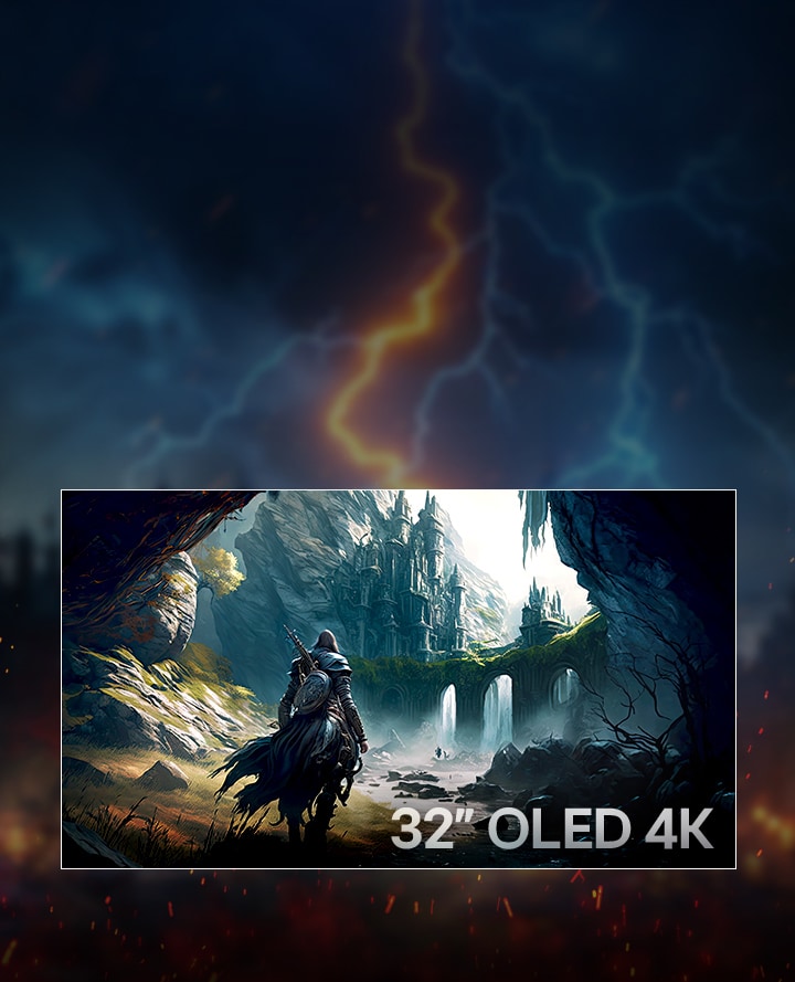A fantasy-themed 32-inch 4K OLED gaming monitor display is shown with a warrior standing in front of a mystical castle landscape. The top text reads “4K Clarity that keeps you in control with OLED,” promoting the benefits of visual clarity and detail. Supporting copy highlights the 3840×2160 resolution and immersive image quality enabled by OLED technology.
