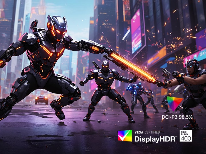 Futuristic armored warriors battling with energy weapons in a neon-lit city.	