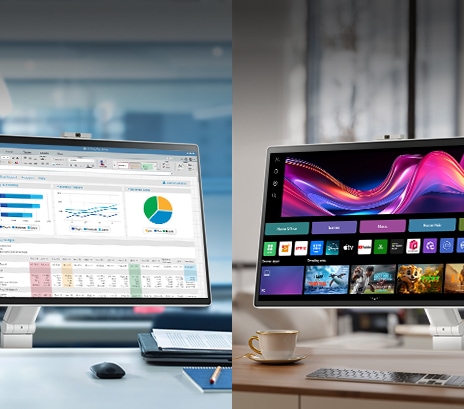 In the left image, a LG Smart Monitor Swing in an office displays various charts, while in the right image, a LG Smart Monitor Swing at home is playing a movie.